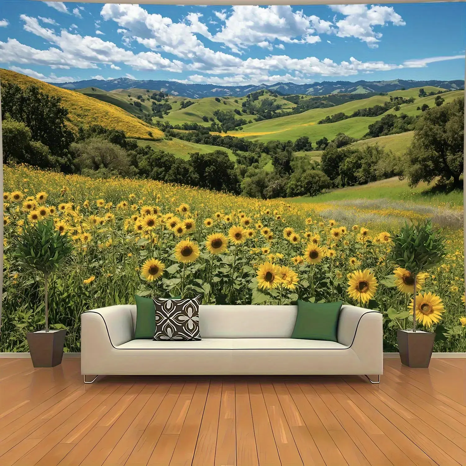 Large Sunflower Field Landscape Tapestry Wall Hanging - 100% Polyester 200gsm Heavyweight Canvas, Vibrant Nature Scenery Mural with Rolling Hills & Blue Sky, Horizontal Indoor Wall Art for Living Room, Bedroom, Office Decor - No Electricity Needed, Includ