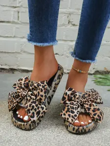 Women's Summer Leopard Print Slip-On Sandals, Fashion Slippers, Soft Eva Sole, Anti-Slip Comfortable Outdoor Casual Shoes, Large Size Butterfly Knot Design