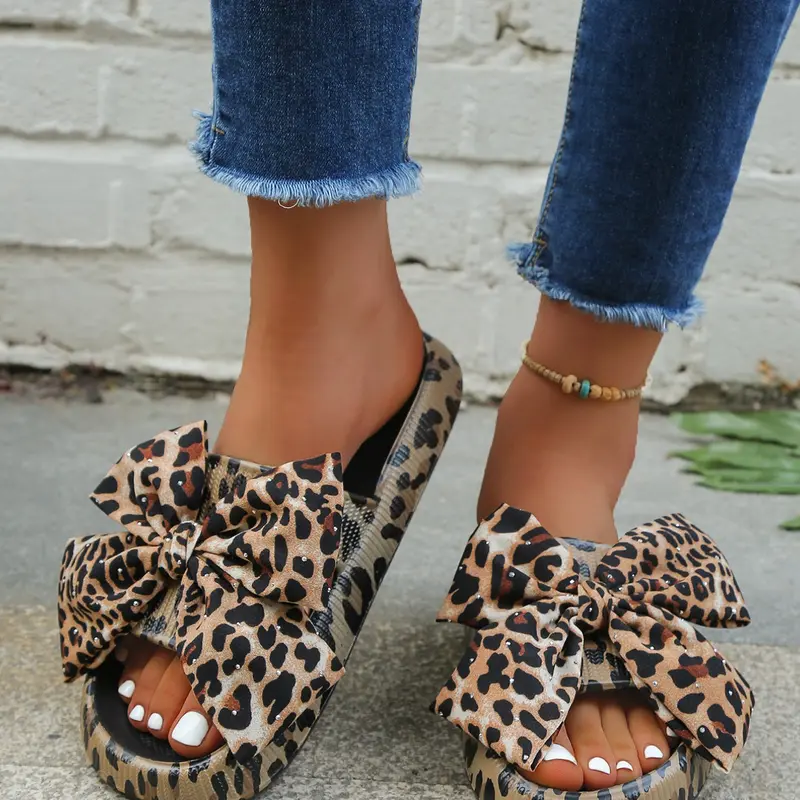 Women's Summer Leopard Print Slip-On Sandals, Lightweight with Soft EVA Sole and Large Bow, Anti-Slip Outdoor Casual Shoes, Beach Slides Footwear, Leopard Pattern Slides