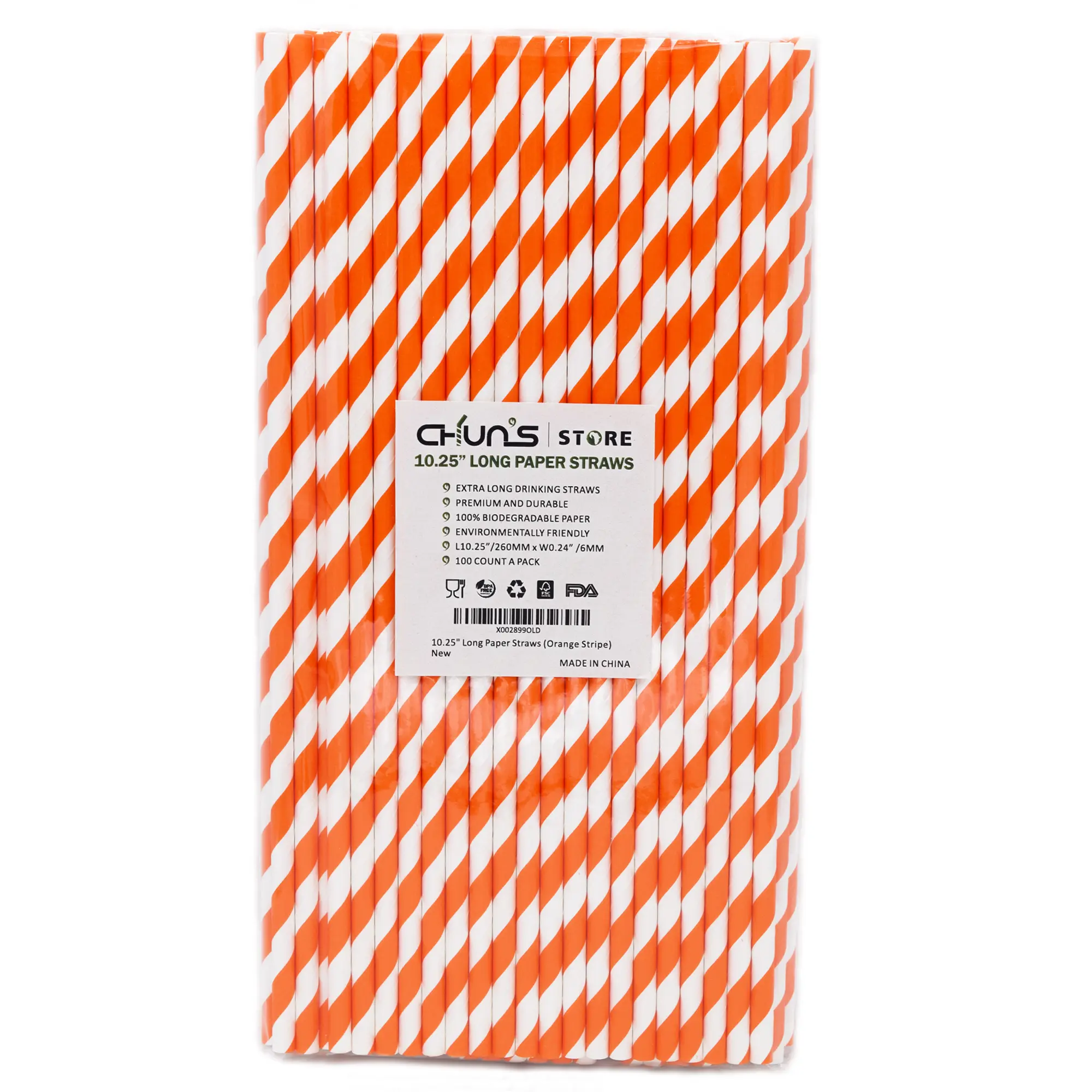 Orange Striped Paper Drinking Straws, 10.25 Inch Long, 100 Counts - for Tall Drinks, Halloween Party - Eco Friendly