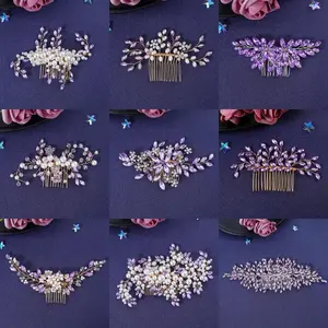 Purple Crystal Hair Pin Comb For Women Party Pearl Hair Comb Clip Headband Bridal Wedding Hair Accessories Jewelry Hairpin Comb