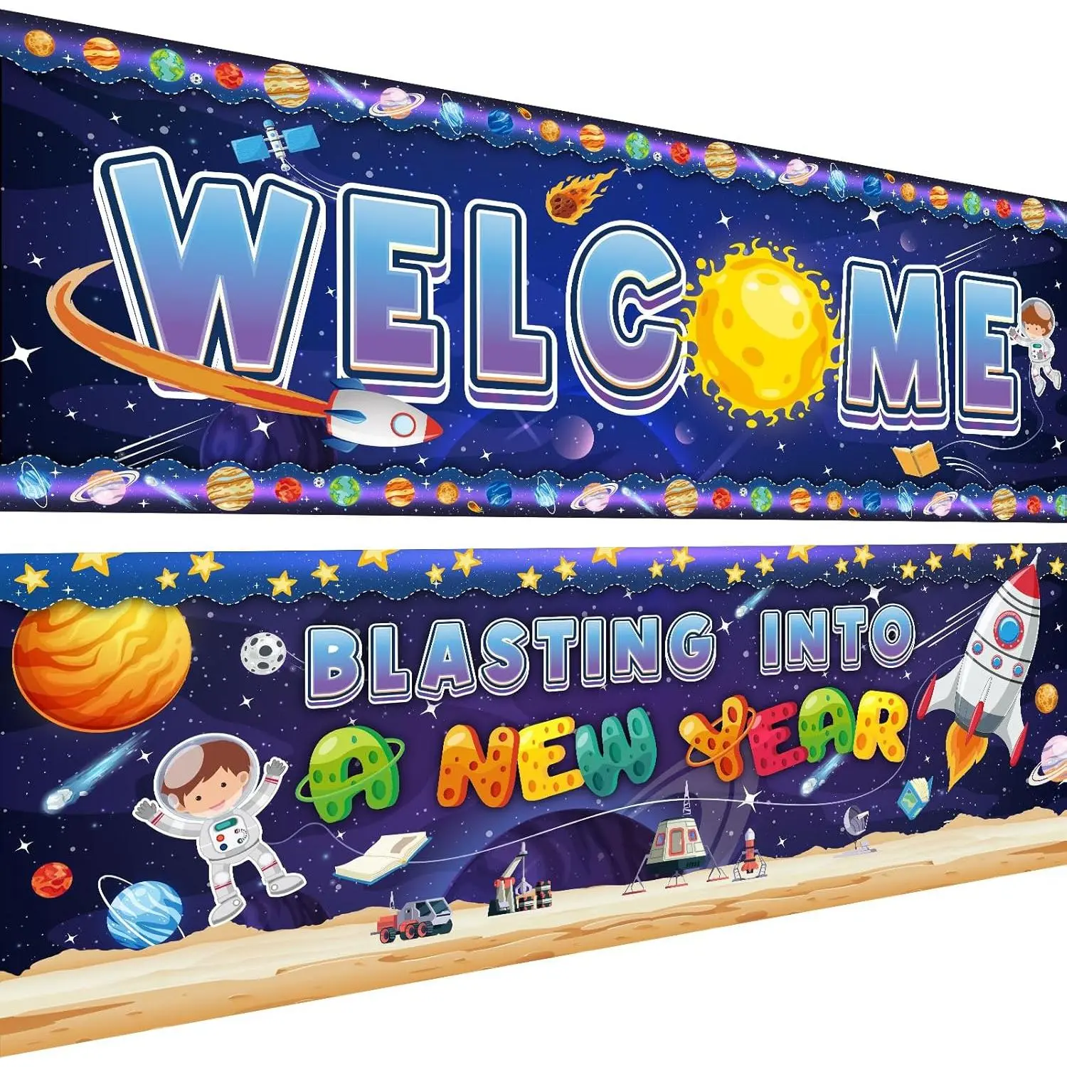 X-WPA53 2 Pcs Classroom Welcome Banner Poster Outer Space Classroom Motivational Banner Decor Space Classroom Bulletin Board Set with Adhesive Dot for School Office Home Wall Decor