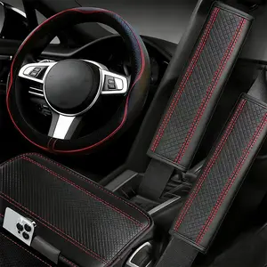 4pcs Car Interior Accessory Set: Sporty PU Leather Steering Wheel Cover (Universal Fit: 14.5–15 Inches), Microfiber PU Leather Center Console Cover, Seatbelt Pads; All-Season Universal Boujee Car Accessories, Car Interior Kit