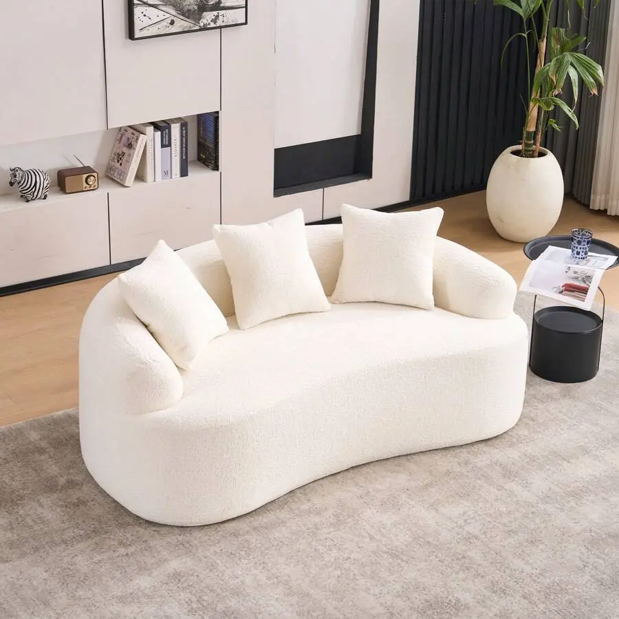 65'' Modern Loveseat Sectional  Couch, Luxury Plush Chenille Upholstered Cloud Couch  Extra Deep Seat And Curved Armless Floor Design, Comfortable Small Space   3 Throw Pillows, Medium Firm Cushion Memory Foam Couch, Soft Boneless sofa with dining