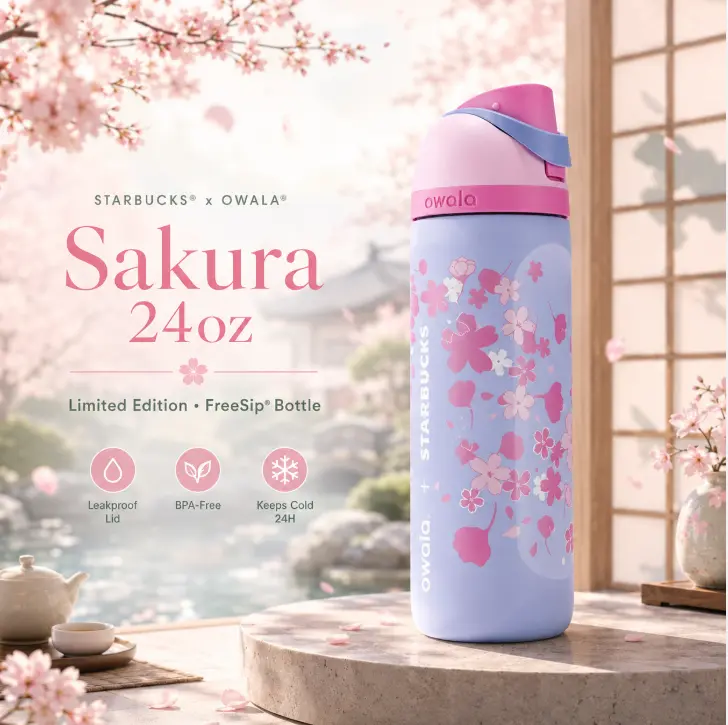 Owala Sakura x Starbucks FreeSip 24oz Water Bottle Limited Edition Cherry Blossom Leakproof Travel Bottle Gift for Her