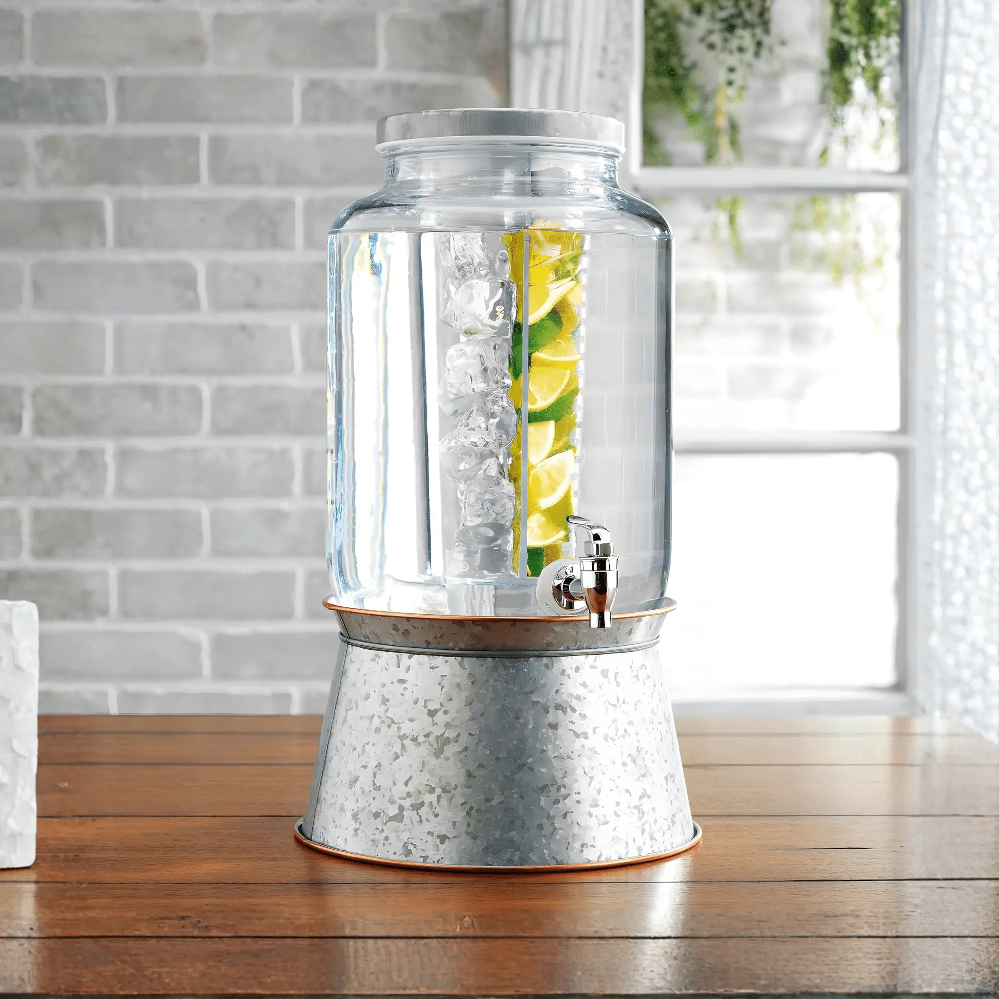 2-Gallon Glass Beverage Dispenser with Galvanized Base