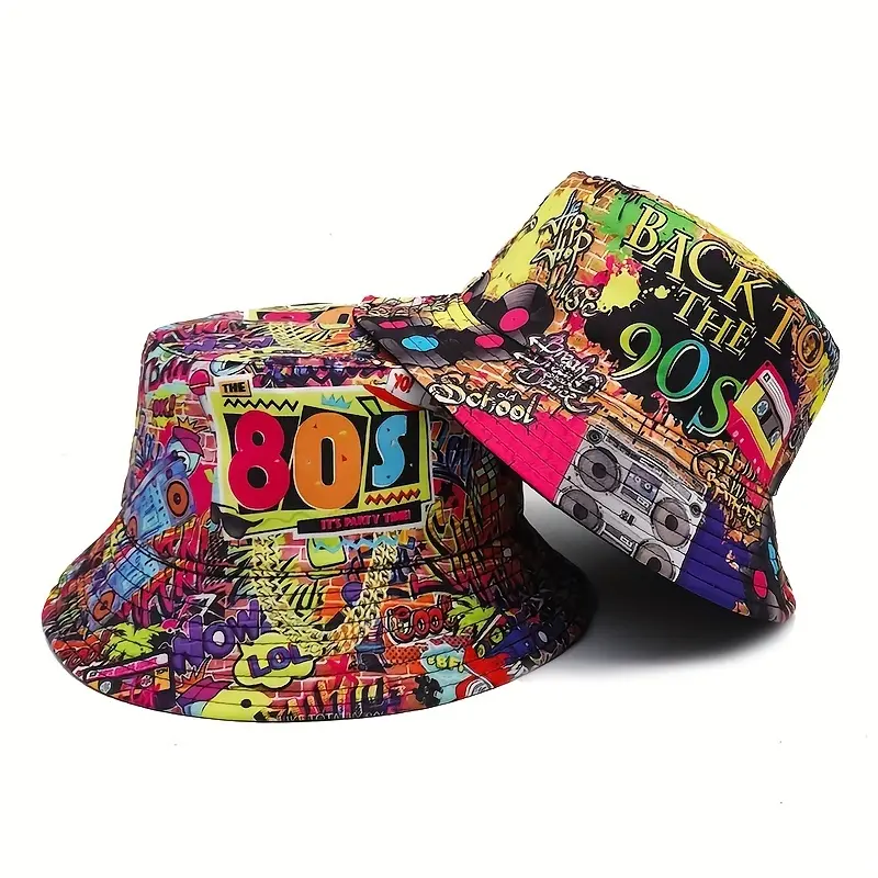 Retro 80s-90s Graffiti Print Reversible Bucket Hat - Polyester, Hand Wash Only, Non-Stretch, Printed Craftsmanship, Hip-Hop Easter Comic Theme, Sun Protection Beach Hat, Sun Protection Hat
