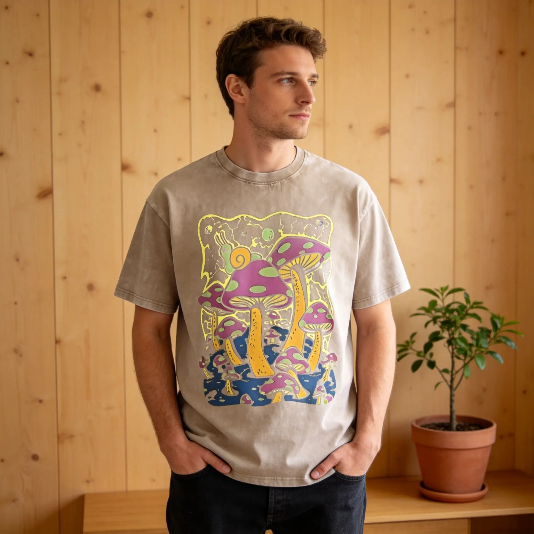 Vintage Washed Graphic T-Shirt for Men & Women, Psychedelic Mushroom Forest Print Tee, Acid Wash Streetwear, Oversized Casual Summer Shirt, Soft Cotton Crewneck, Retro Y2K Festival Fashion, Unisex Trendy Graphic Top