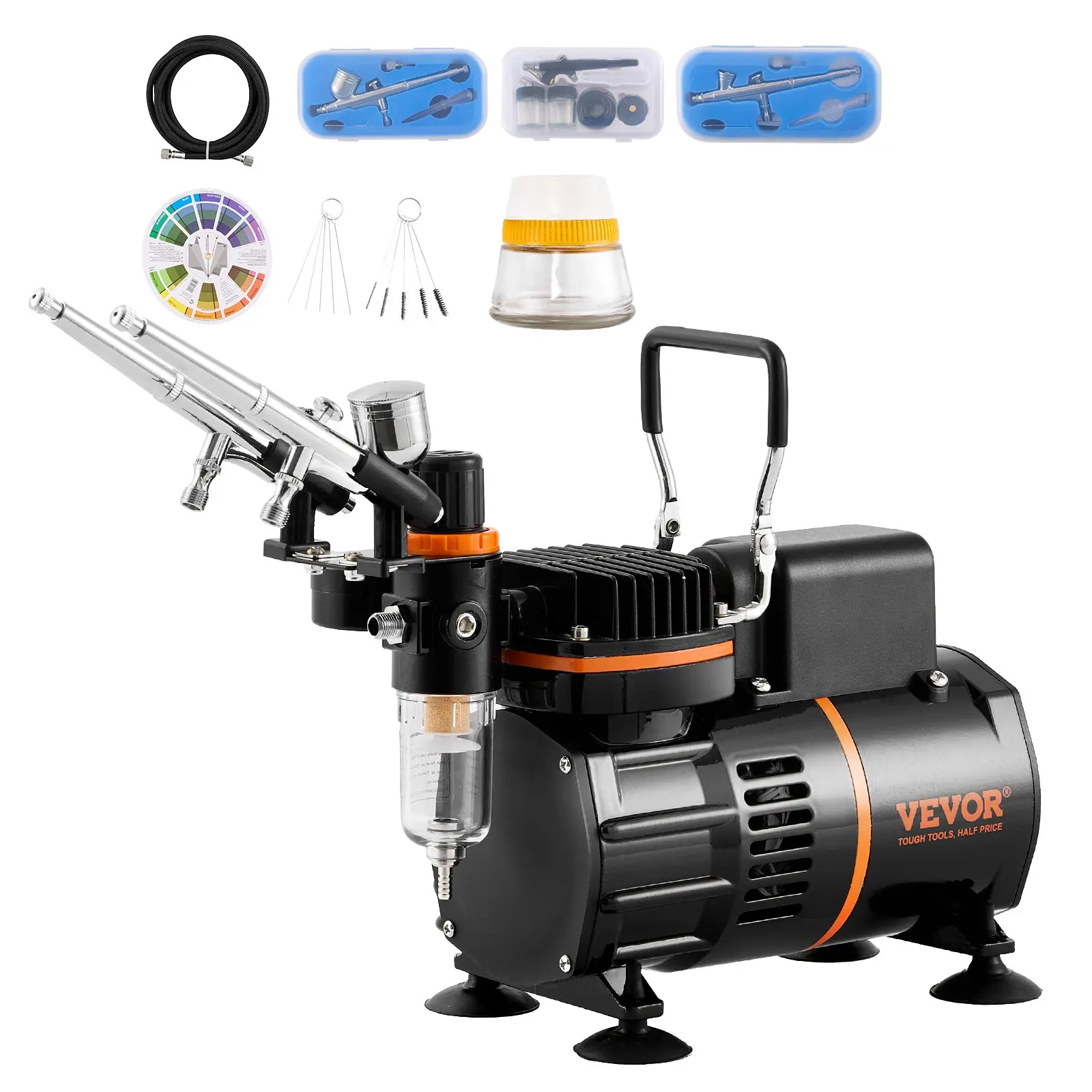 VEVOR Professional Dual Fan Air Compressor Airbrush Kit with 3 Airbrushes, Holder, Color Mixing Wheel, Cleaning Brush Set, 0.2mm Nozzle, 1/6hp Motor, Pressure Gauge, Portable Handle, FDA Safe for Cake, Art, Cookie Projects