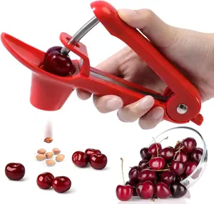 Cherry Pitter Heavy-Duty Stainless Steel Olive & Cherry Corer Tool with Space-Saving Lock Design Red Multi-Function Stoner for Jam Making Fruit Kitchen