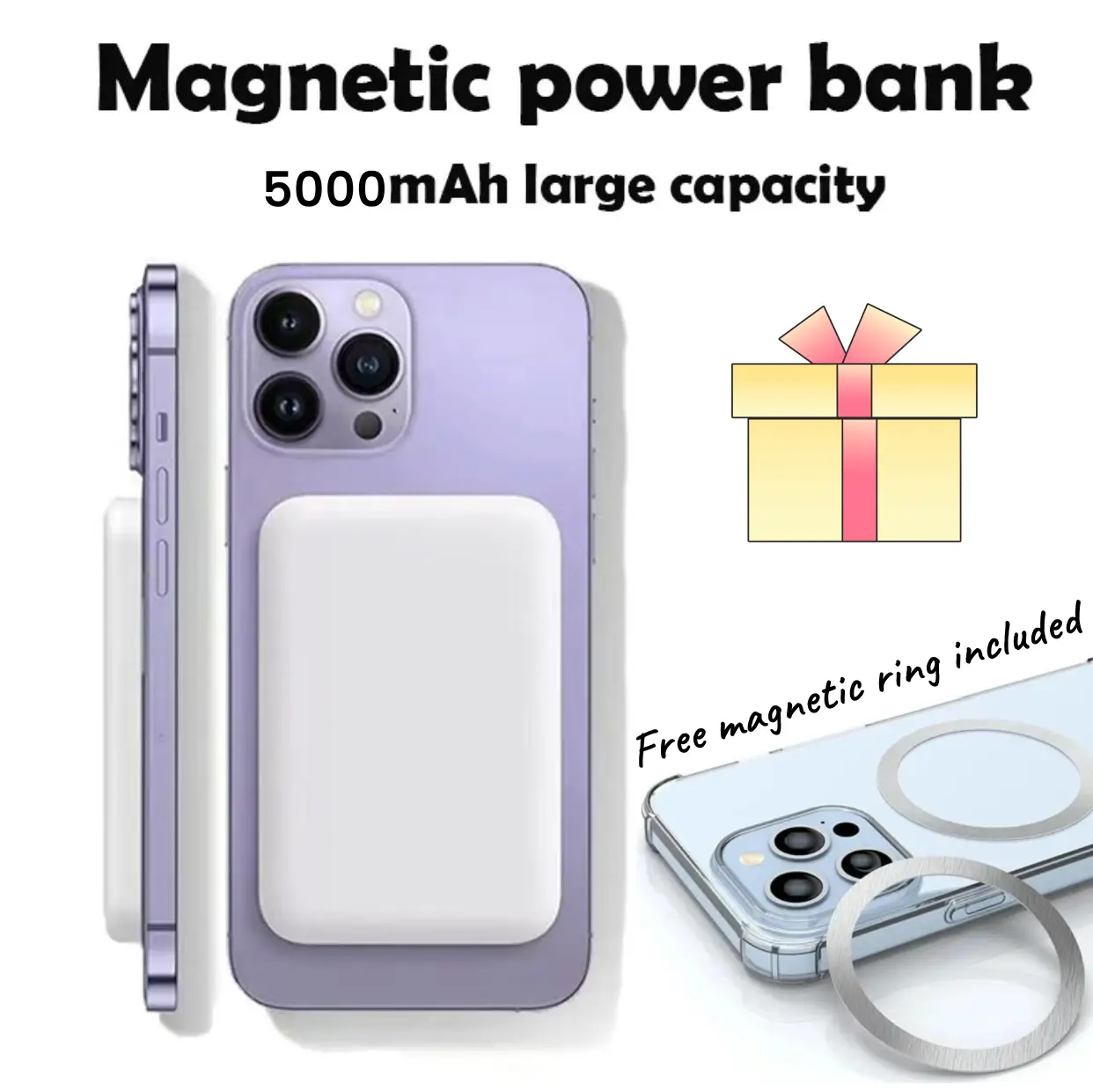 Magnetic Wireless Power Bank 5000mAh - Portable Charger with Type-C Cable, Fast Charging, and Lighting Input for iPhone 16/15/14/13/12 Series - Charge