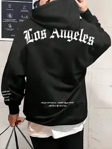 Men's College Style La Letter Print Hoodie, Long Sleeve Casual Streetwear, Loose Fit Fall & Winter Sweatshirt with Hat Brim