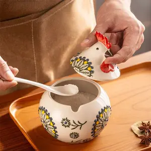 Cute Simple Chicken Spice Jar, Condiment Container, Creative Home Ceramic with Lid and Spoon, Hand-Painted Glaze, Moisture-Proof, Airtight Food Storage, Ideal for Kitchen Use