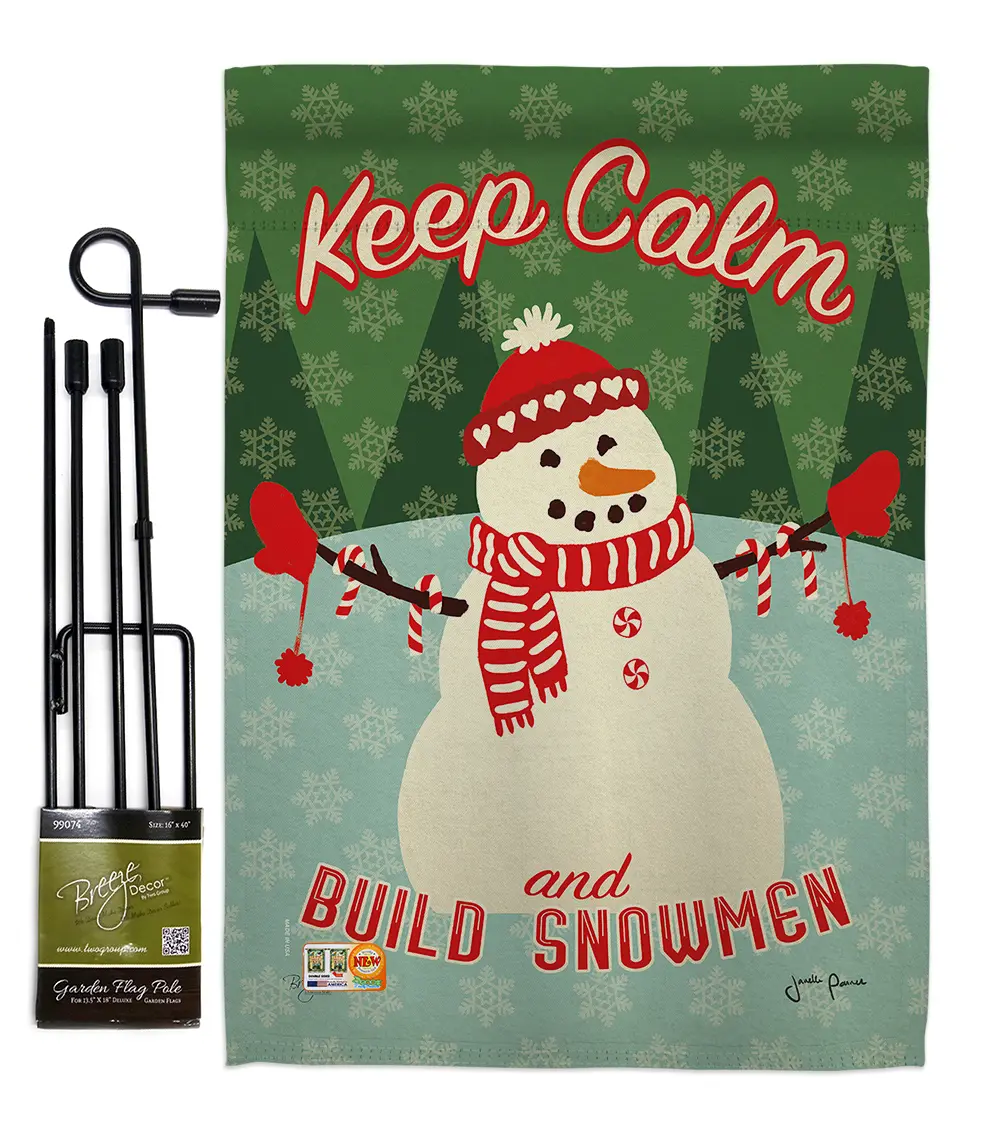 Breeze Decor BD-XM-GS-114198-IP-BO-D-US18-WA 13" x 18.5" Reusable Double-Sided Vertical Garden Flag Set, Winter Christmas Holiday Decorations with Banner Pole, Indoor-Outdoor Use, Keep Calm Build Snowmen, Soft To The Touch