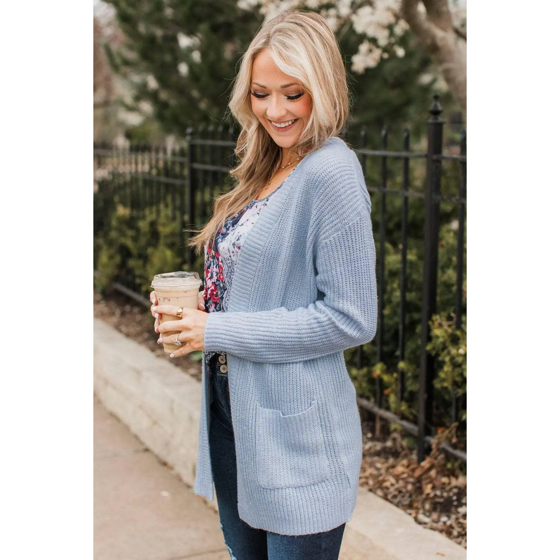 Plush 2-Tone Knit Cardigan for Women - Relaxed Fit Open Front Style with Drop Shoulder Sleeves and Pockets in Baby Blue, Fabric