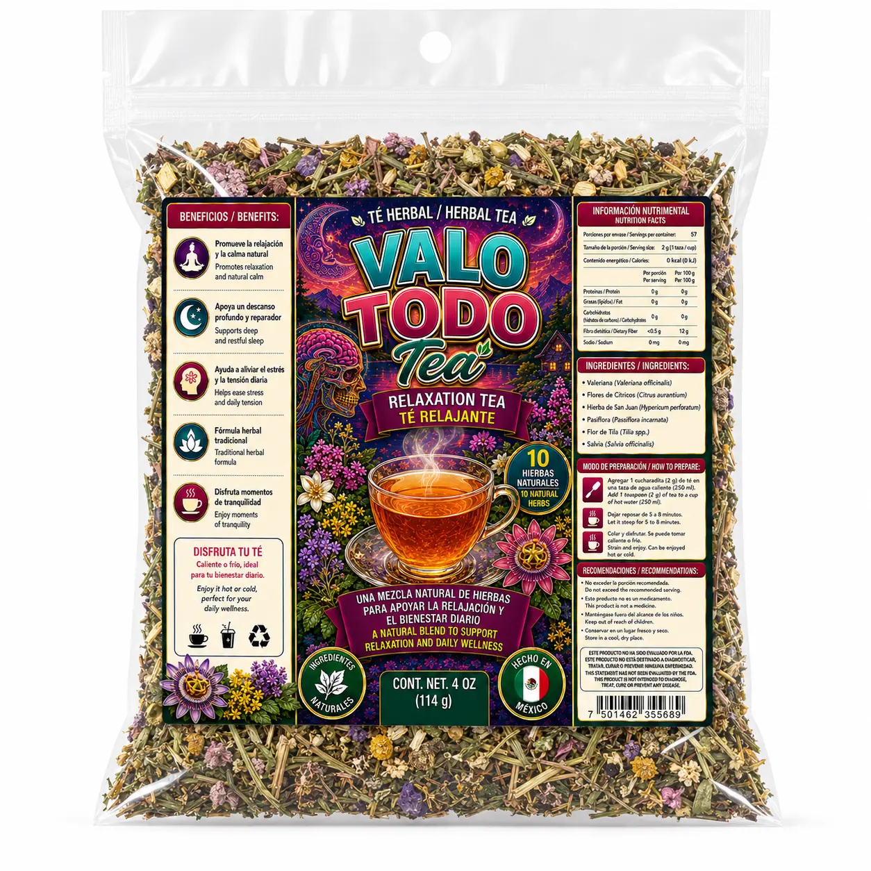 Viral Me Vale Todo Compuesto Herbal Tea Premium 4oz (114g) – 100% Natural Herbal Infusion – Hecho en Mexico – Makes 40+ Cups – Herbal Mixture for Comfort – Té para Relajacion & Nervios – Non-GMO | No Cafeína