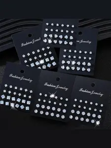 Heart Shaped Zircon Ear Stud Set, Round and Square Designs for Boys & Girls, Daily Wear & Party Accessories, Stud Earring Jewelry