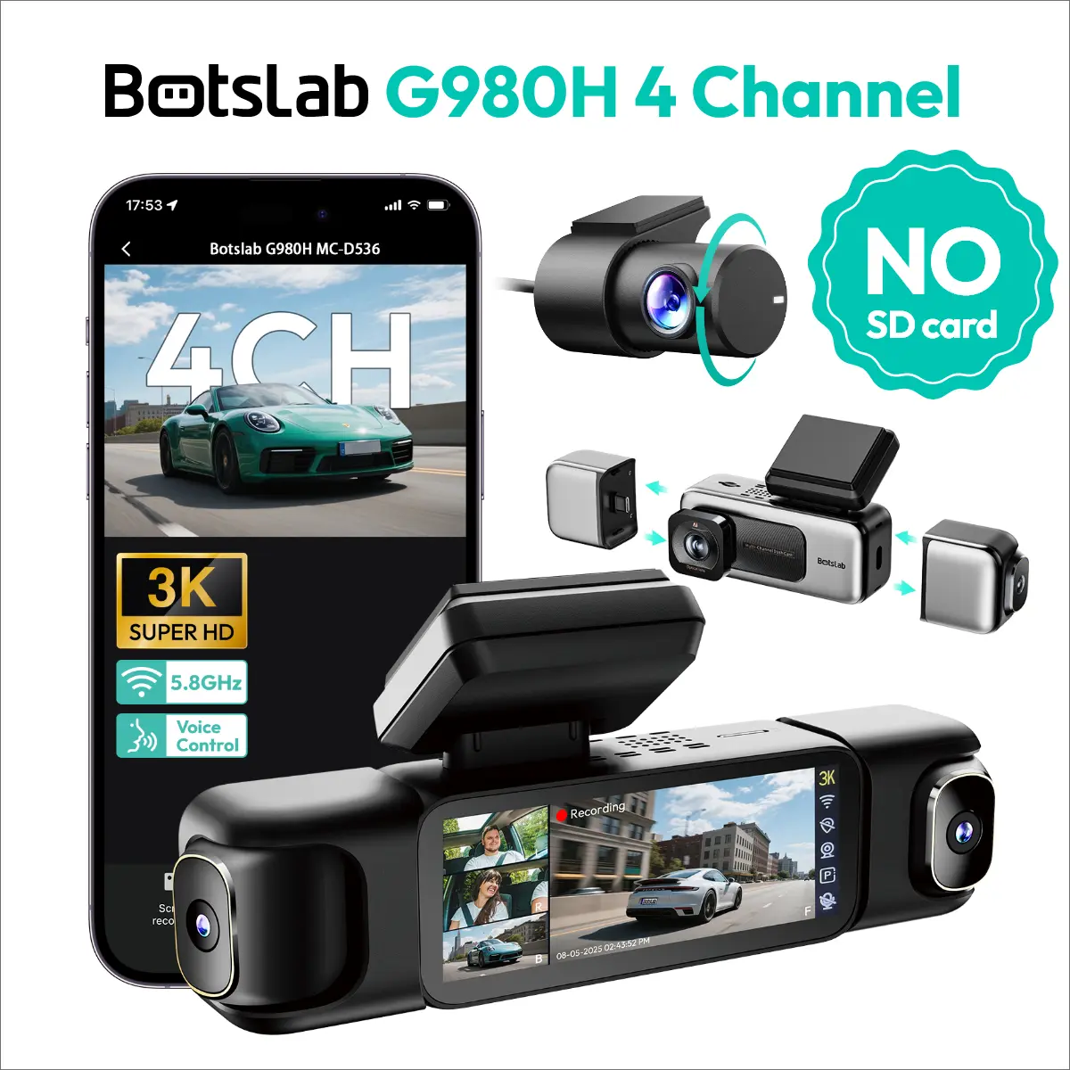 [summerfinds]Botslab 3K 4 Channel Dash Cam with 3.18” Touch Screen, 24/7 Parking Mode, Built-in GPS, 5.8G WiFi, Night Vision, Voice Control,No Card, Rear Camera Monitor Touchscreen Dash Cam Hd Automotive Dashcam