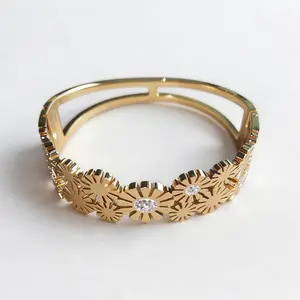 Gold Plated Cuff Bangle Bracelet for Women, Minimalist Crystal Inlay Open Bangle, Elegant Adjustable Jewelry Gift
