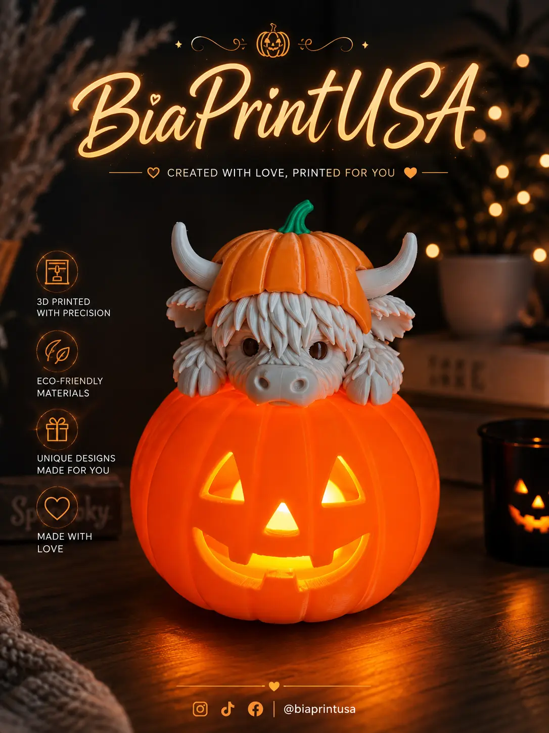 Highland Cow Pumpkin Halloween Decor | 3D Printed Fall Decoration