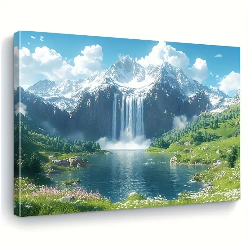 Framed Canvas Wall Art - Decorative Frame-Style Landscape View of Snow-Capped Mountain Waterfall & Tranquil Lake, Horizontal Ink on Canvas Hangable Indoor Home Decor for Living Room, Bedroom (Winter/Spring Gift), Nature Scene