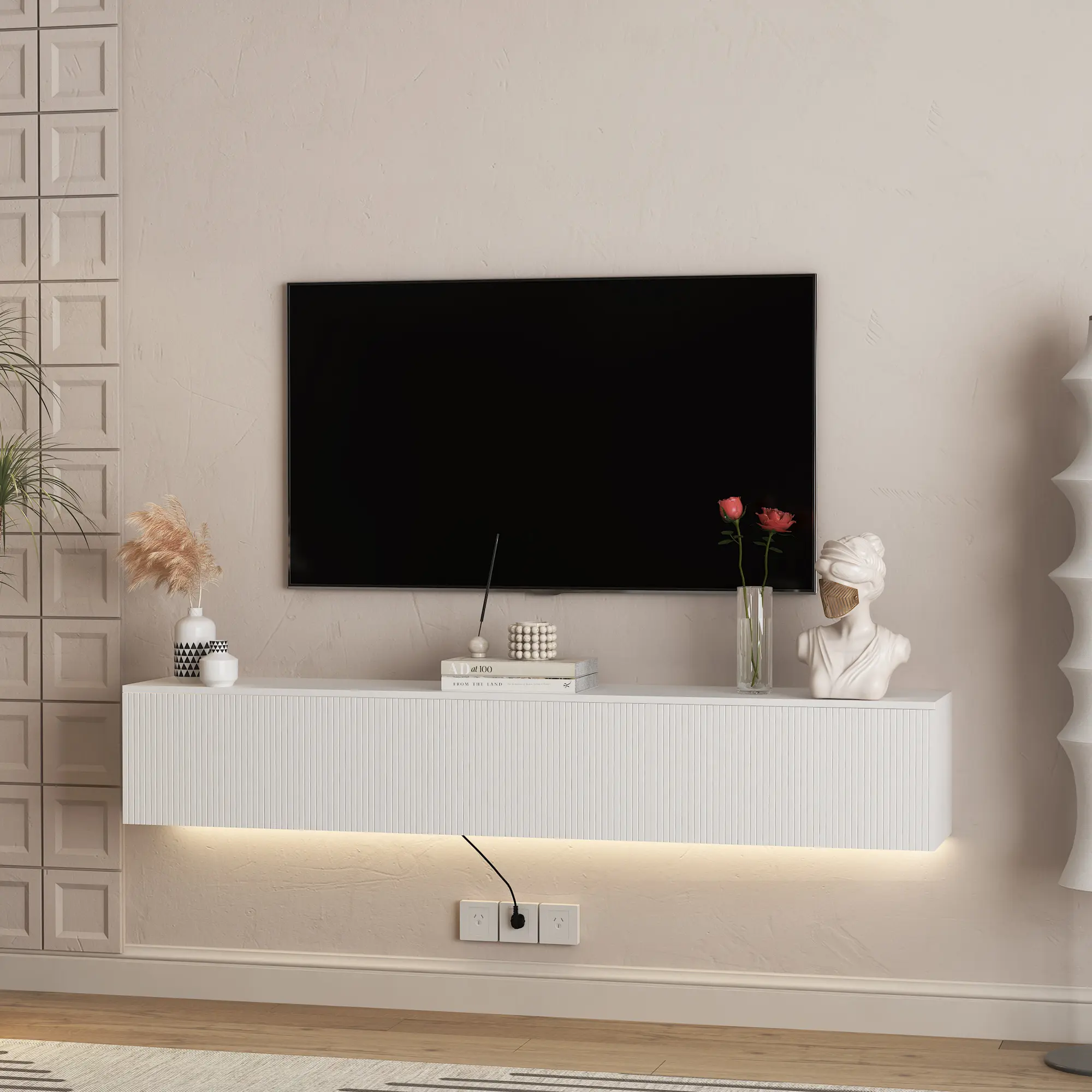 Floating TV Stand Wall Mounted, 69 inch LED TV Stand with 16 Color Lights, Modern Entertainment Center for 55 60 65 inch TV, White