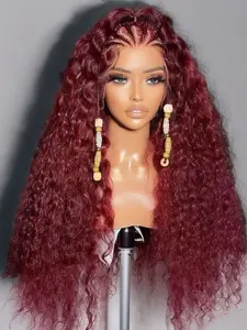 26-Inch Soft Natural 99j Wine Lace Front Wig, Lace Frontal Wig, 180% Density, Curly Hair, Pre-Plucked, Suitable for Daily Use, Women's Fashion Wig