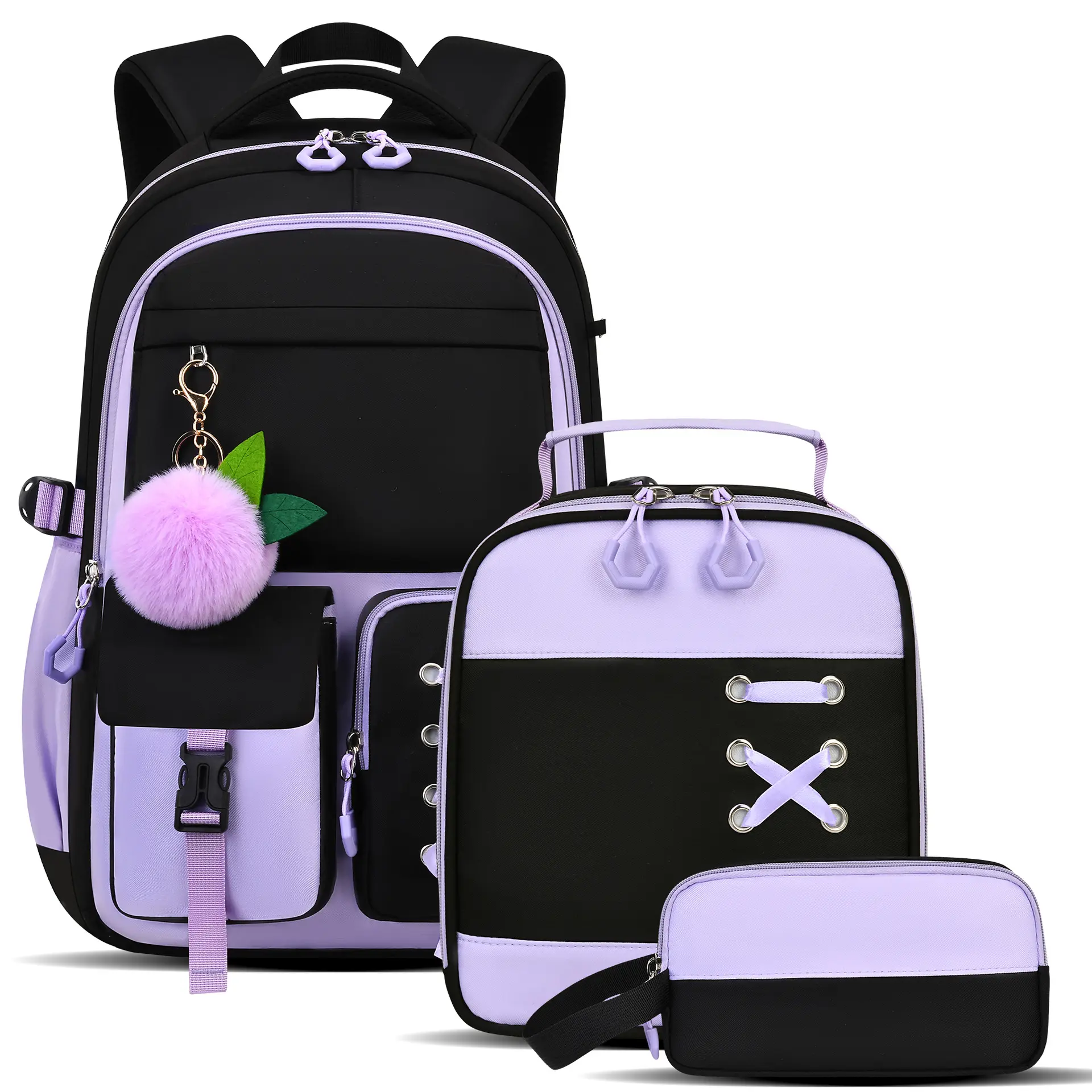 3Pcs Girls Backpack Set, Black Light Purple Color Block Large Capacity Lightweight Multi-Layer Student Daypack with Fluffy Pom Pom Leaf Pendant, Water Resistant Breathable School Bag Combo Includes Insulated Lunch Tote Bag & Zipper Pencil Pouch for Teen G