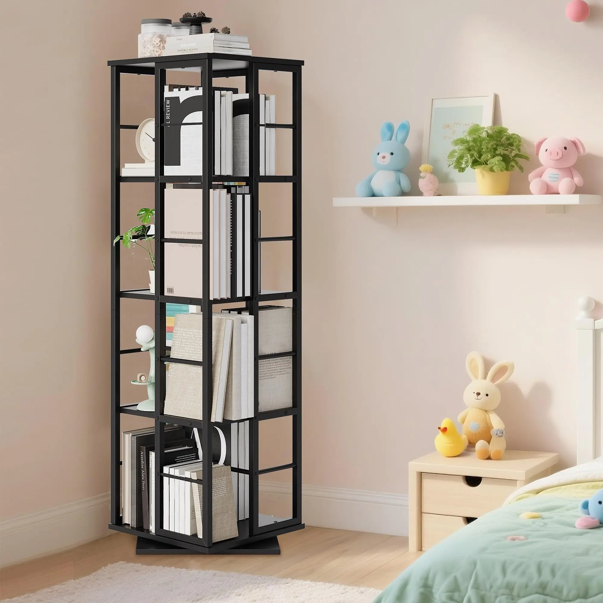 Garvee 4-Tier 360° Rotating Bookshelf Tower - Modern Space-Saving Corner Display Shelf with Stable Base, 30-Minute Easy Assembly, Full Safety Rails, Reinforced Frame, Black Wooden Organizer for Books, Home Library, Small Room Ideas (Easy Access), 360 Degr