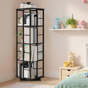 Garvee 4-Tier 360° Rotating Bookshelf Tower, Modern Space-Saving Spinning Corner Bookcase with Stable Base, Ideal for Living Room, Study, Bedroom, Office, Black - Multi-Level Wooden Storage and Display Organizer