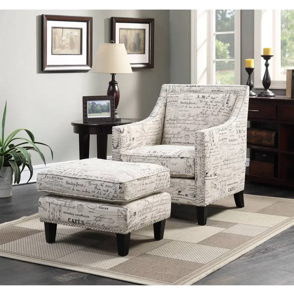 Emery Ottoman French Script - Picket House Furnishings: Beige Nailhead Trim Square Contemporary Upholstered