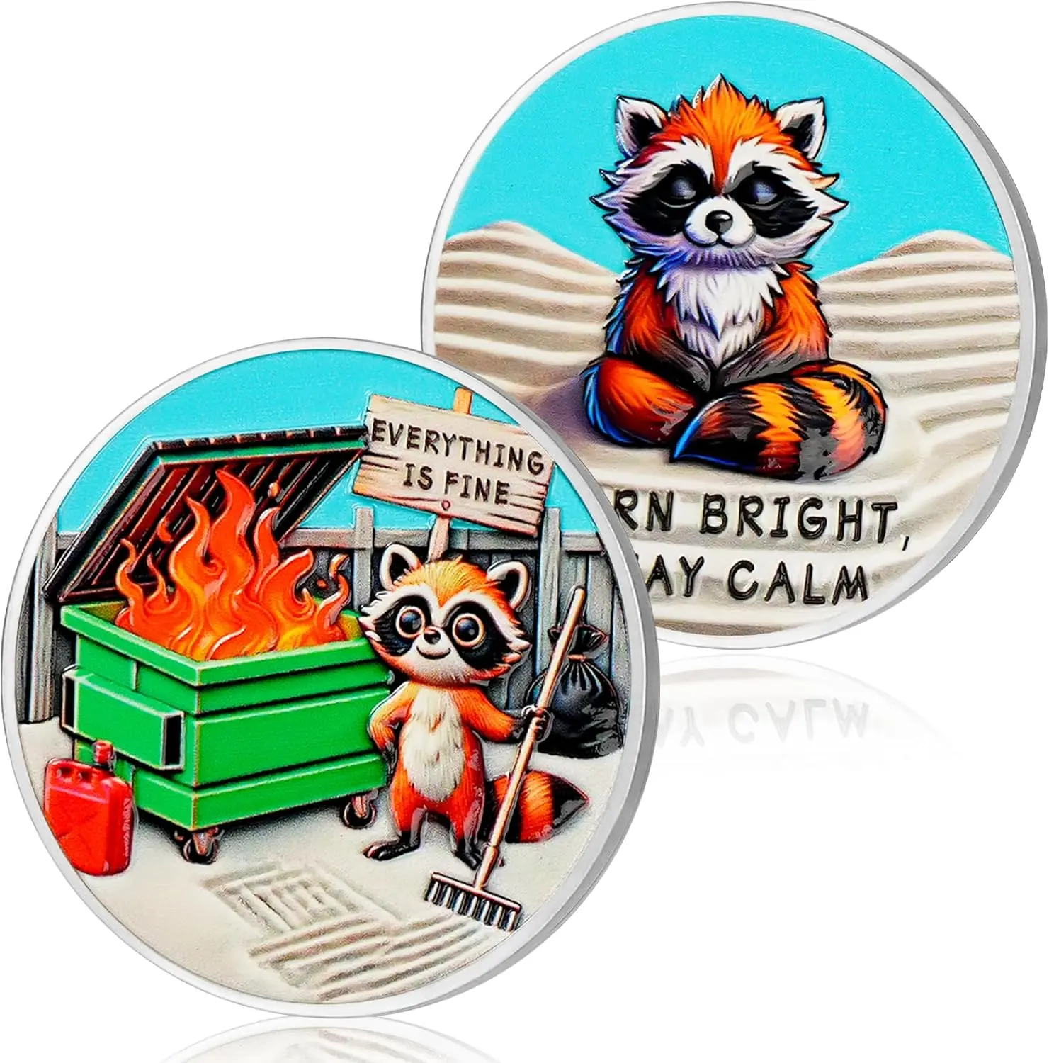 Raccoon Dumpster Fire Coin, Stay Calm Dumpster Fire Challenge Coin, Novelty Pocket Tokens for Emotional Support, Inspirational Office Gifts for Men Women