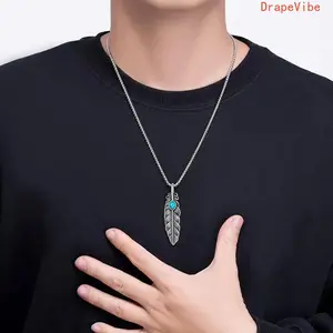 Men's Handmade Stainless Steel Feather Wing Turquoise Pendant Necklace Boho Tribal Ethnic Non‑Tarnish Retro Punk Jewelry For Daily Wear