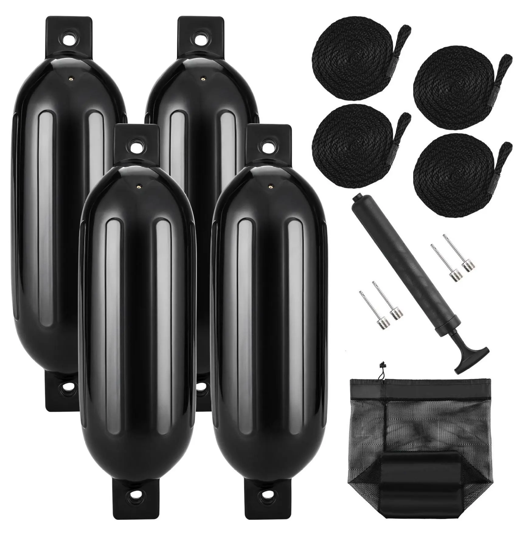 Boat Fenders 5.5"x20" - Marine Bumpers for Docking, Inflatable Ribbed Fender with Air Pump, Ropes & Storage Bag - Black Boat Accessories Default