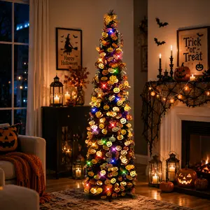 Halloween Pop Up Tinsel Tree 5FT Collapsible Decorative Pencil Tree with Pumpkin Ornaments, Black Purple Seasonal Decoration for Indoor Outdoor Holiday Display