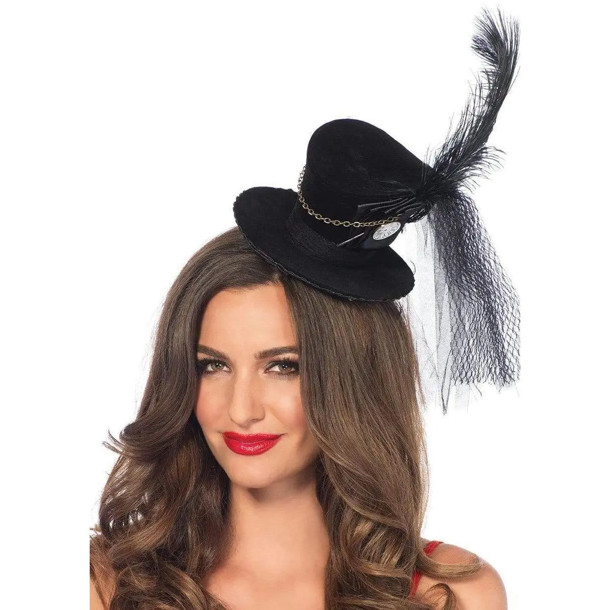 Steampunk Synthetic Mini Velvet Top Hat - 1 Size, Feather, Chain & Lace Accents, Halloween Accessory for Adults & Teens Costume Parties, Whimsical, Accessories, One Size