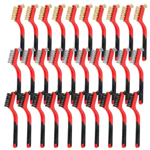 30 count Wire Brushes for Cleaning Rust, Stainless Steel/Brass/Nylon Bristles Wire Brushes, Small Metal Brush with Curved Handle Grip, Anti-Static Polishing Brush for Delicate Surfaces