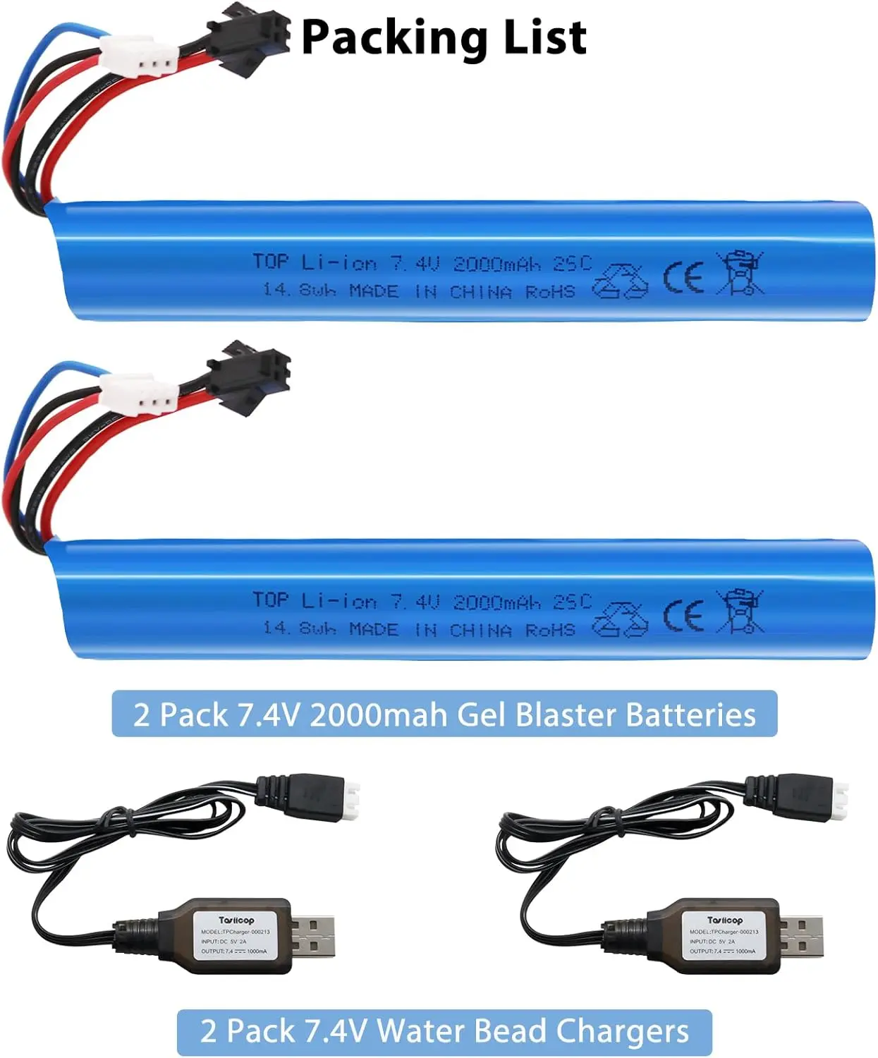 Gel Blaster Battery - 7.4V 2000mAh LiPo Batteries for Splatter R Ball Accessories SRB400 SRB1200 SRB400-SUB Water Bead MP5K M4 M110 with SM-2P Plug Rechargeable Charging Cable