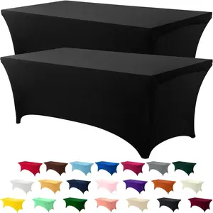 6ft spandex tablecloth 2 pack black 200 gsm stretch fitted washable and wrinkle resistant table cloth rectangle cover for trade shows wedding parties 72lx30wx30h inch