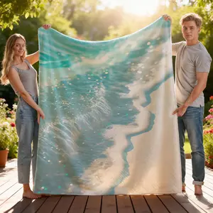 Ocean Beach Waves Sandy Beach Glitter Sparkle Print Flannel Blanket, Nautical Coastal Theme Nature Landscape Lovers Gift, Summer Vacation Birthday Christmas Mothers Day Present for Women Men, Soft Cozy Warm Lightweight Fleece Throw Blankets for Couch Bed