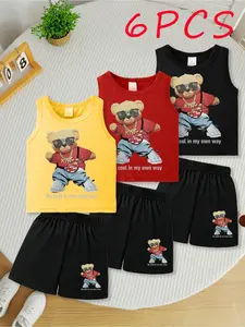 6Pcs，Boys' Bear Cartoon Print Vest Shorts Set, 6-Piece Spring Summer, Breathable Comfort for Daily & Outdoor Wear, Perfect Holiday Gift