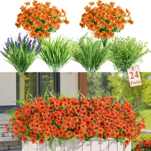 24 Bundles Pack Artificial Flowers for Outdoor Spring Decoration, UV Resistant Eucalyptus Violet and Lavender Silk Fake Plants, Home Patio Decor