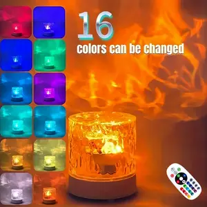 Cylindrical Water Ripple Decorative Lamp, 16 Colors Dynamic Flame Projection Light, Remote Control, USB Powered, Bedroom Night Light