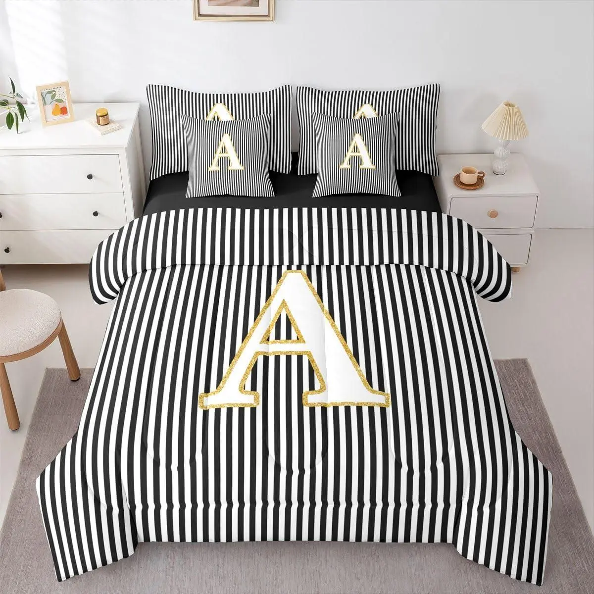 Adults Black and White Striped Bedding Set Modern Initial Letter A 7 Pieces Comforter Set with Sheets Simple Abstract Stripes Bed in a Bag Fashion Pinstripe Bed Sets