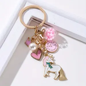 Pink Unicorn Heart Crown Clock Keychain - Romantic Alloy Fashion Accessory with Ring Buckle, Lanyard, Fabric Accent, Ideal Valentine Gift for Romantic Decor