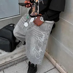 Men's Summer Casual Denim Shorts Knee Length Trendy Letter Embroidered Rhinestone Jeans Shorts Fashion Streetwear