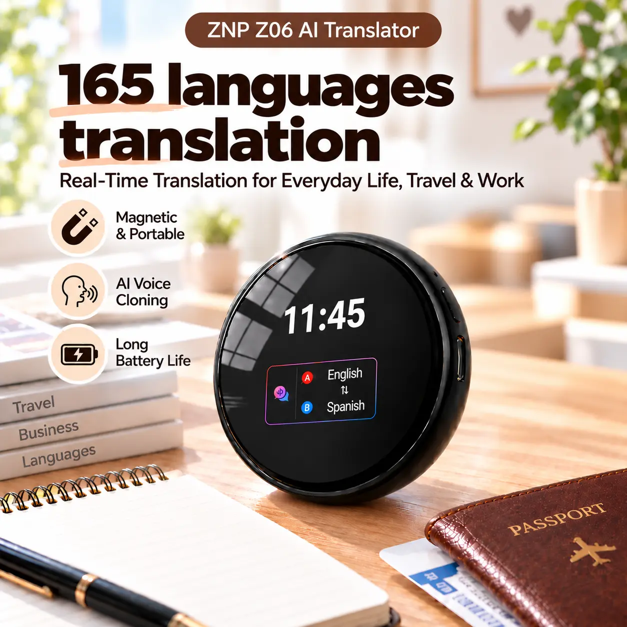 ZNP Z06 Intelligent Language Learning and Translation Machine 165 languages bidirectional translation AI speech cloning magnetic suction+hanging rope dual design enhances language ability