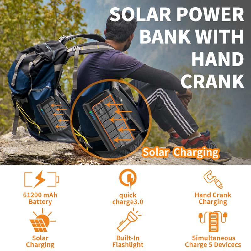 ReeZar 61200mAh Solar Charger 3-in-1 Charging Solar Crank Cable 4 Built-in Cables Charges 7 Devices IPX7 Waterproof SOS Flashlight