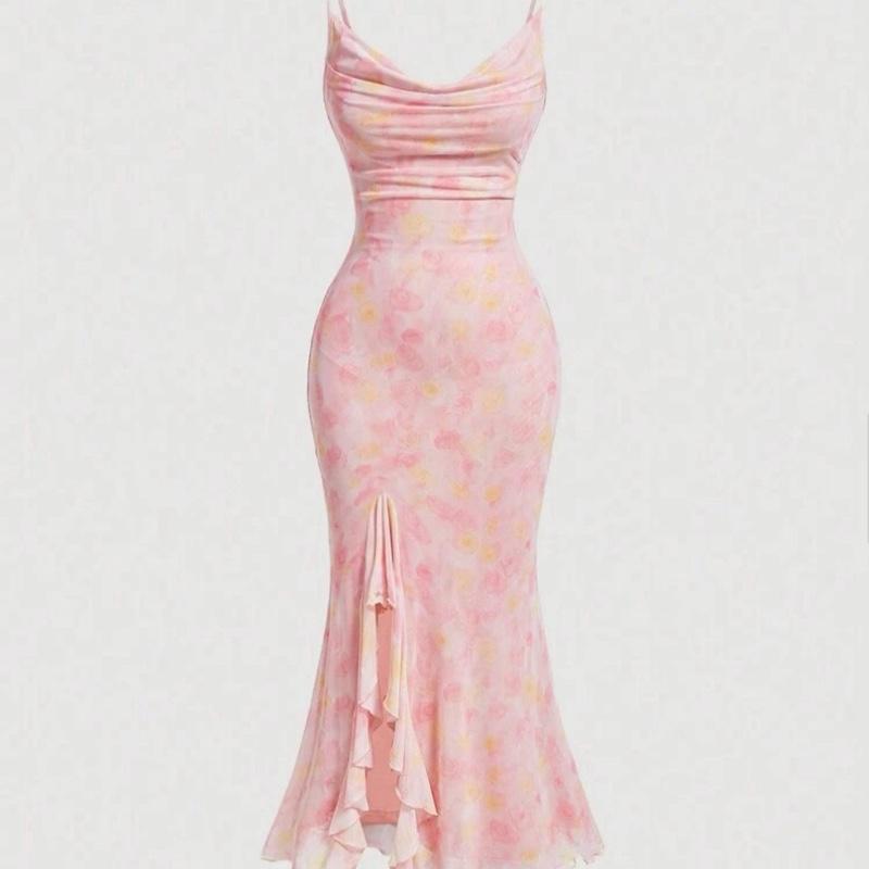 Ladies Romantic Pink Floral Ombre Dress For Spring, Summer, Outfit,Pastel Dresses For Women