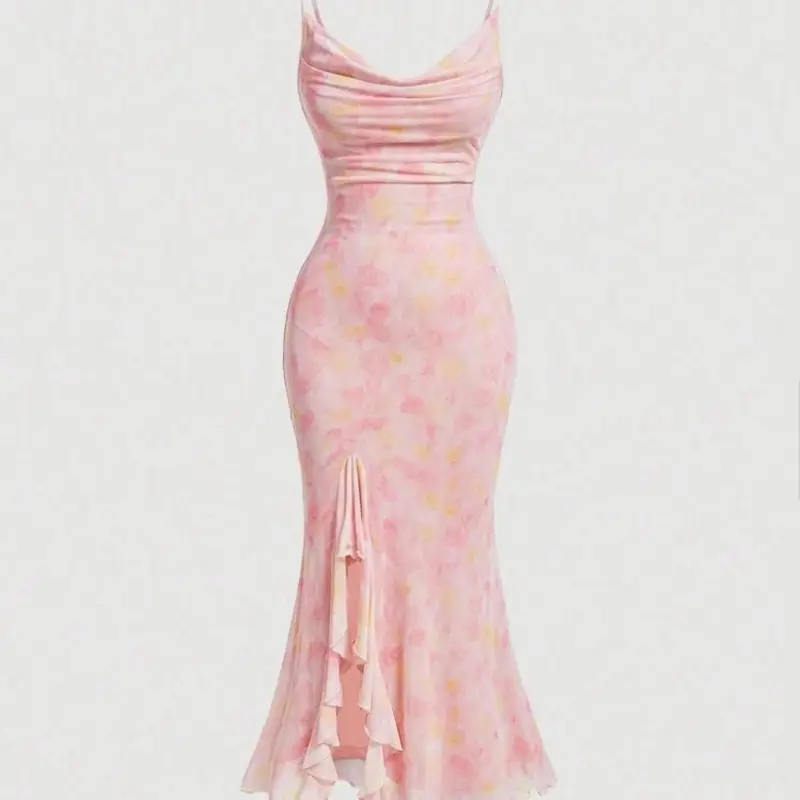 Ladies Romantic Pink Floral Ombre Dress For Spring, Summer, Outfit,Pastel Dresses For Women